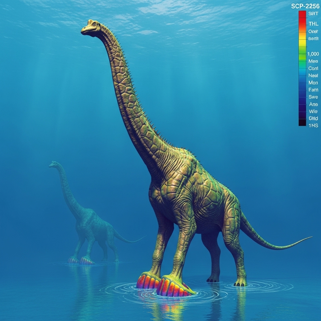 Giant spindly, giraffe-like creature with broad, dish-shaped feet stands on the ocean surface, casting a shadow underwater; another similar creature fades in the background.