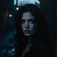 A woman with wet, dark hair stands in a shadowy alley, illuminated by soft streetlights. Her serious expression reflects the theme of confronting one's true self amidst deception.