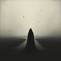 A cloaked figure stands in a misty landscape, embodying the quote about choices and their consequences, suggesting a journey through uncertainty and decision-making.