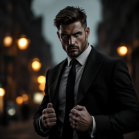 A determined man in a tailored suit stands confidently in a dimly lit street, embodying resilience and strength, reflecting the quote about enduring despite adversity.