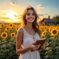 A young woman stands in a field of sunflowers, holding a notebook, smiling warmly as the sun sets behind her, embodying the spirit of a life fully imagined.