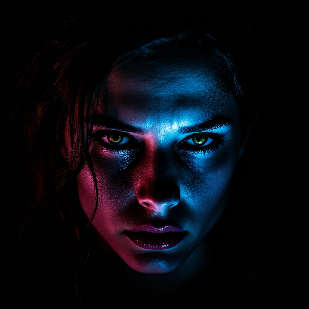 A close-up of a woman's intense face, illuminated by blue and pink light, expressing defiance and strength, reflecting the sentiment of the quote You're no son of mine.