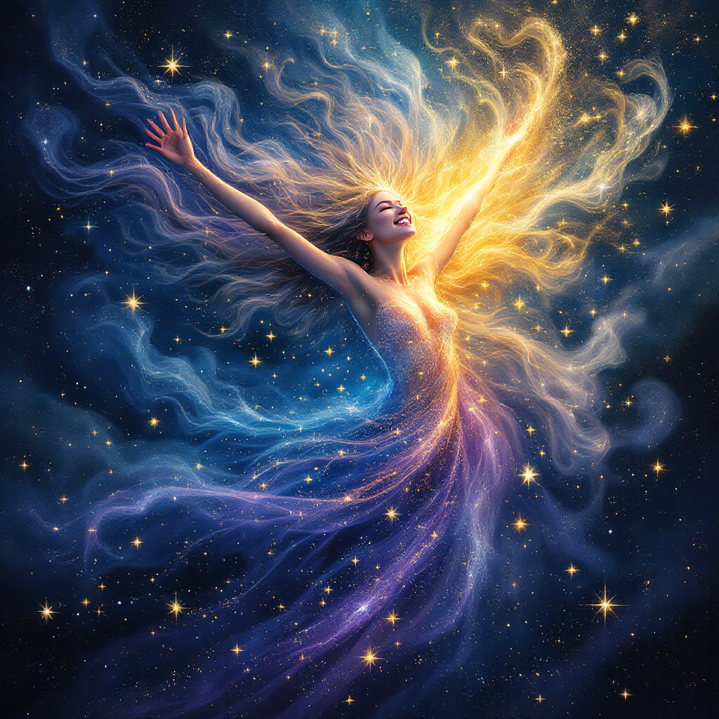 A luminous figure with flowing hair and a swirling gown made of stars and cosmic colors, embodying the quote We are made of starlight and darkness. The background is a deep, starry sky.