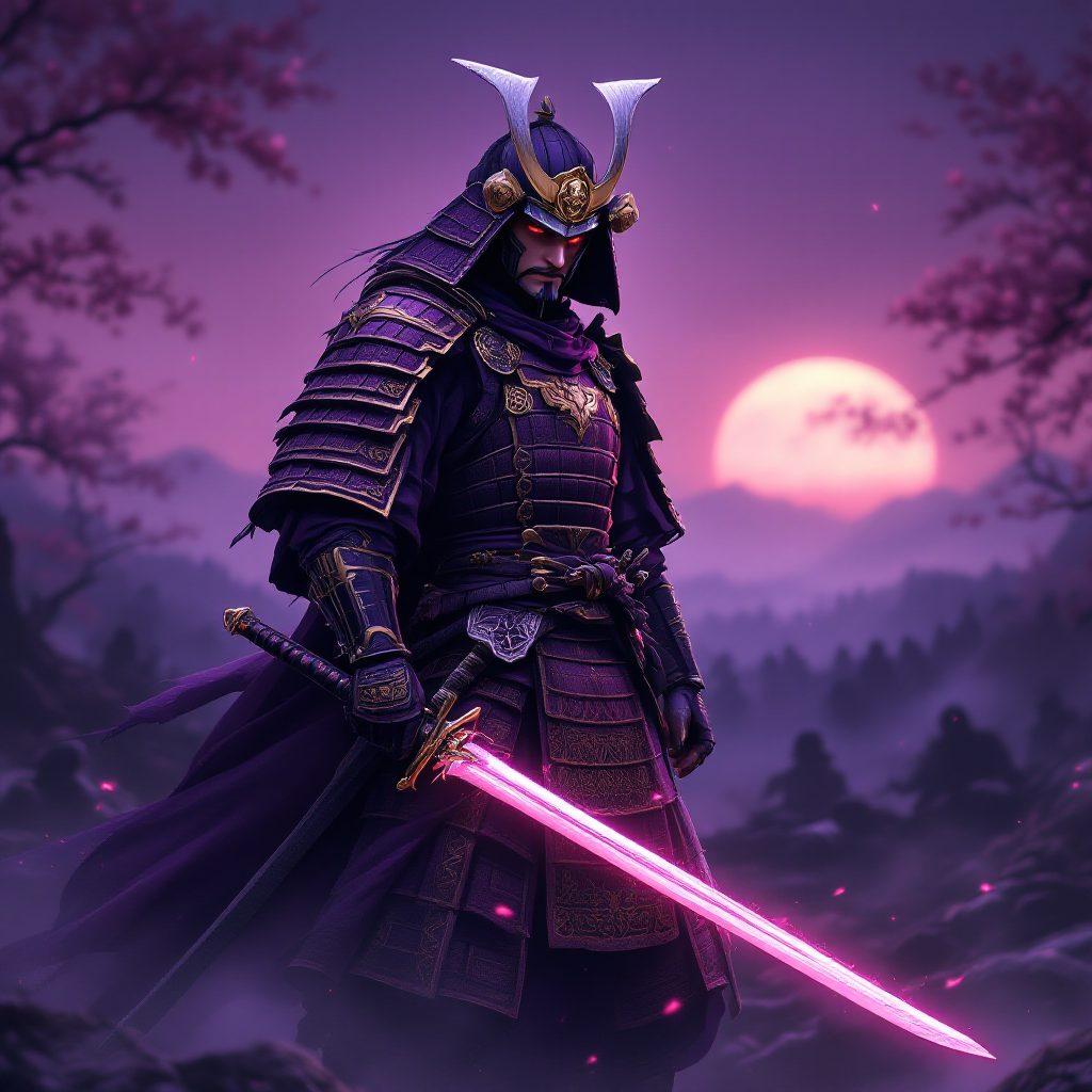 A resolute samurai, adorned in intricate armor, stands poised with a glowing pink sword against a backdrop of a vibrant sunset. The scene evokes the honor of battle and the Emperor's will.