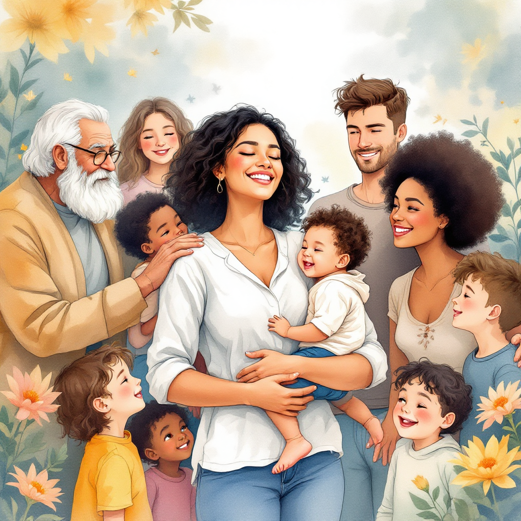 A joyful young mother holds her baby amid a diverse group of family and friends, symbolizing the supportive community crucial for empowering mothers and raising children.