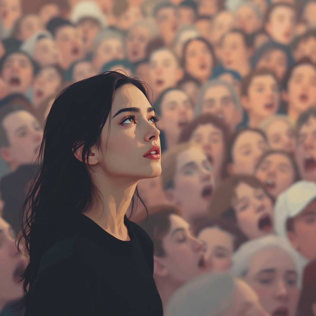 A young woman stands out, gazing upward amidst a sea of shouting faces, embodying the quote about reflection and reform when aligned with the majority.