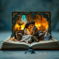 A cozy illustration from an open book depicts a tender moment between a couple surrounded by warm candlelight, symbolizing comfort and connection amid a harsh world outside.