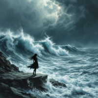 A solitary figure stands on a rocky shore, facing turbulent waves under a stormy sky, embodying the weight of finality in life and death.