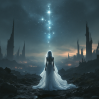 A figure in a flowing white gown stands in a dark, desolate landscape, gazing up at a bright constellation that symbolizes hope amid shadows, echoing the quote about rising again.