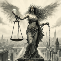 A blindfolded figure representing Justice stands tall with scales and a glowing orb, amidst a cityscape, embodying the complexity and unpredictability of justice's outcomes.