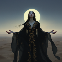 A figure in a flowing black dress with gold embroidery stands in a desert, arms outstretched, illuminated by a large, glowing moon, embodying the quote Nothing matters, and I believe that it is winning.