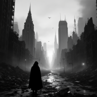 A lone figure stands in a desolate, post-apocalyptic cityscape, skyscrapers looming amidst rubble, embodying the sentiment of shared loss and the enduring notion of connection.