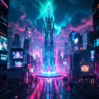 A vibrant, futuristic cityscape featuring a towering, neon-lit monument, surrounded by glowing advertisements and a dramatic sky, capturing the emblematic essence of urban life.