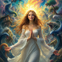 A serene figure in a flowing white dress stands amidst swirling energies and creatures, embodying kindness as a grounding force in a chaotic world.