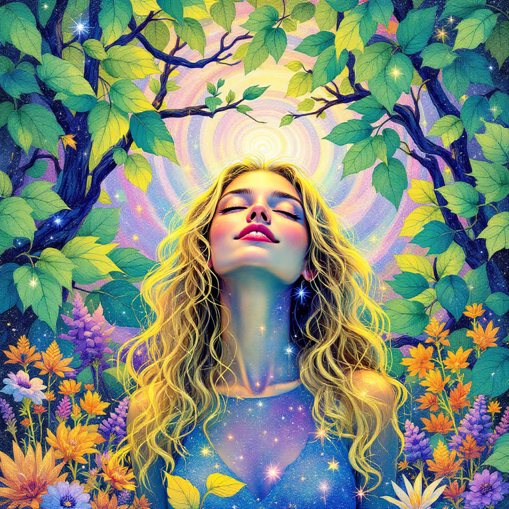 A serene woman surrounded by vibrant flowers and lush greenery gazes upward, embodying the quote about experiencing the mystery of life as a reality rather than solving a problem.