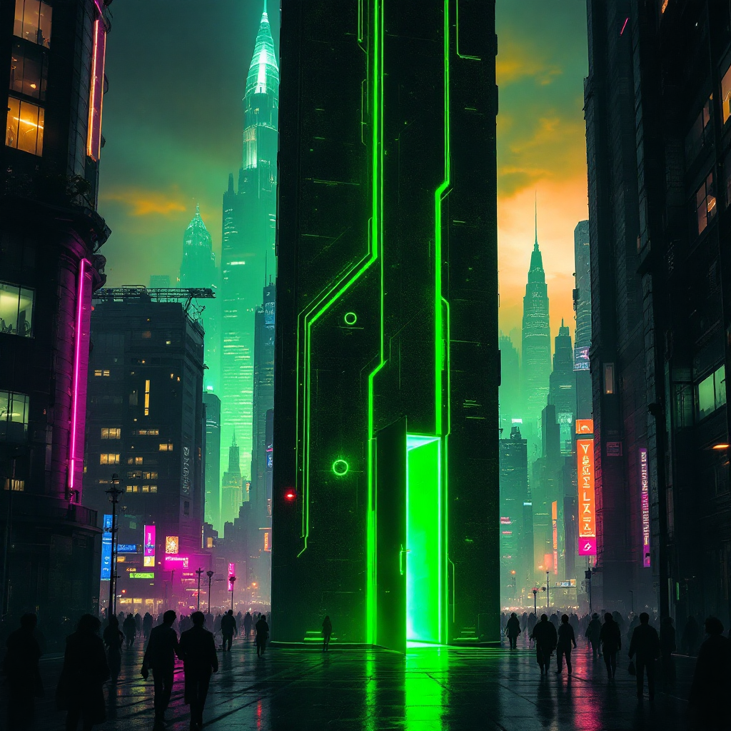 A neon-lit urban landscape features a towering green structure, casting light over a crowd below, embodying the idea that small decisions can lead to significant consequences.