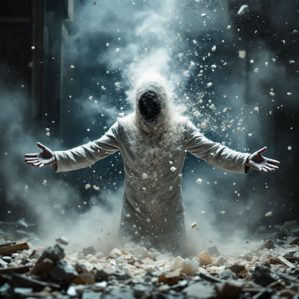 A figure in a white coat stands amidst swirling dust and debris, arms extended, embodying the quote Fate is just another word for your own stupidity in a dramatic and surreal scene.