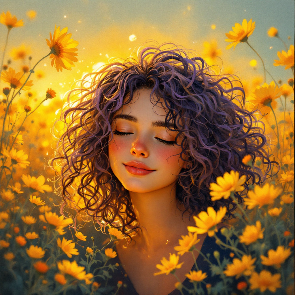 A person with curly purple hair smiles peacefully in a field of golden sunflowers, embodying the warmth and acceptance of love, despite imperfections and bad jokes.