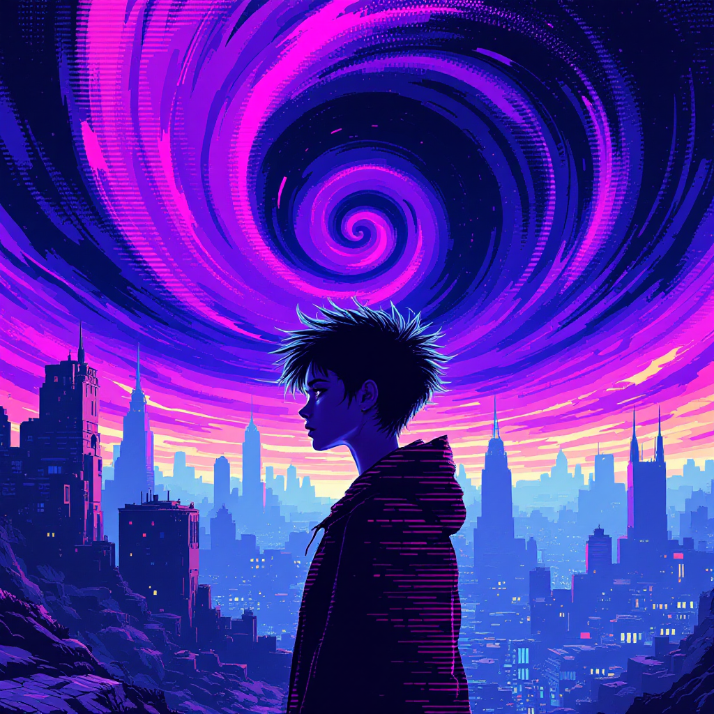 A figure stands silhouetted against a swirling, colorful vortex above a city skyline, embodying the intertwining of personal stories and their inherent darkness.