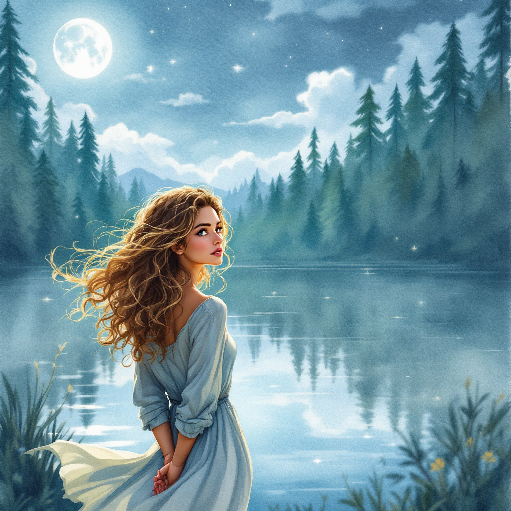 A young woman in a flowing dress stands by a serene moonlit lake, surrounded by towering trees, embodying courage in the face of fear as expressed in the quote.