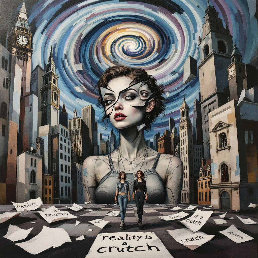 A surreal cityscape features a towering, stylized woman with a spiral background. Below her, scattered papers read reality is a crutch, reflecting the provocative book quote.