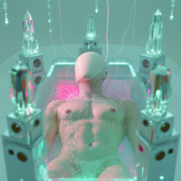 A transparent coffin contains a naked figure floating in translucent pink liquid, with a conical mask and numerous filaments connected to stacks of electronic equipment surrounding it.