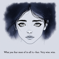 A close-up of a young woman's face with expressive eyes and flowing hair, accompanied by the quote: What you fear most of all is--fear. Very wise. Wise. The background is softly shaded.