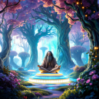 A wise figure meditates on a glowing platform in a vibrant forest, surrounded by ethereal trees and colorful blossoms, embodying a deep connection to nature and the cosmos.