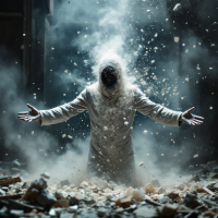 A figure in a white coat stands amidst swirling dust and debris, arms extended, embodying the quote Fate is just another word for your own stupidity in a dramatic and surreal scene.