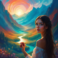 A young woman stands by a vibrant river, brush in hand, as she gazes at a breathtaking sunset over mountains, embodying the spirit of creativity in Zikola.