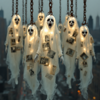 A haunting scene features ghostly figures suspended by chains, illuminated by soft lights, each adorned with old photographs, encapsulating the theme of past bonds and unseen struggles.