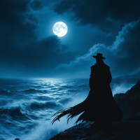 A silhouetted figure in a dark coat stands on a rocky shore, gazing at a luminous moon over turbulent waves, embodying the essence of moral choices in the quote about true character.