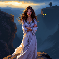 A determined woman in a flowing white dress stands on a rocky ledge at sunset, embodying resilience and strength, reflecting the quote about choosing to rise above adversity.