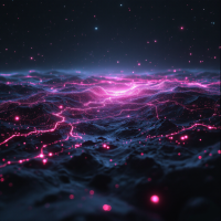 A glowing, undulating landscape of dark terrain illuminated by vibrant pink and purple lights, representing fleeting consciousness within a vast, cosmic machine.