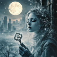 A young woman with icy features holds a key, gazing at a moonlit cityscape. The scene evokes the heavy price of freedom and the loss of humanity, shrouded in a cold, ethereal atmosphere.