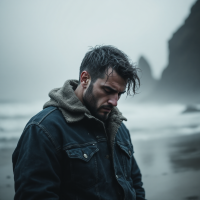 A man stands pensively on a misty beach, dressed in a denim jacket and hoodie, embodying introspection and the call to action from the quote about being a good man.