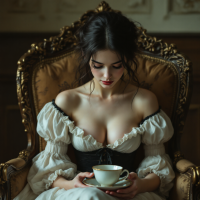 A woman in a vintage, elegant dress sits contemplatively in an ornate chair, holding a cup of tea, embodying the strength and introspection of facing her own challenges.