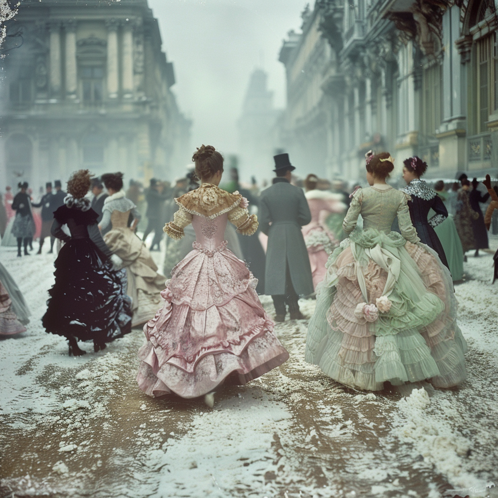 On a frost-covered, cobblestone street, pairs of Viennese ballroom dancers in masquerade costumes twirl gracefully. The women’s ornate, multicolored gowns starkly contrast the simpler male attire.