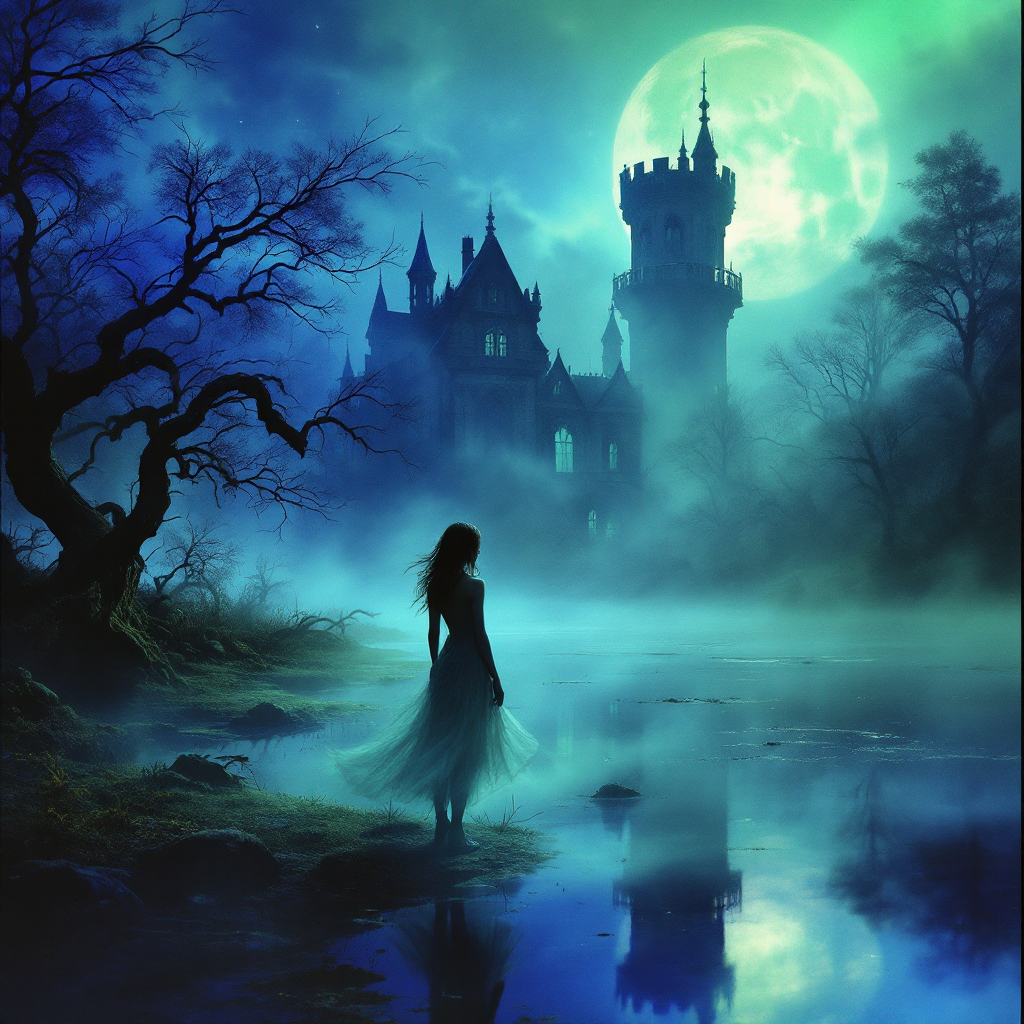 A lone figure in a flowing dress stands by a misty lake, gazing at a distant castle under a glowing moon, embodying the haunting echo of the past in the present.