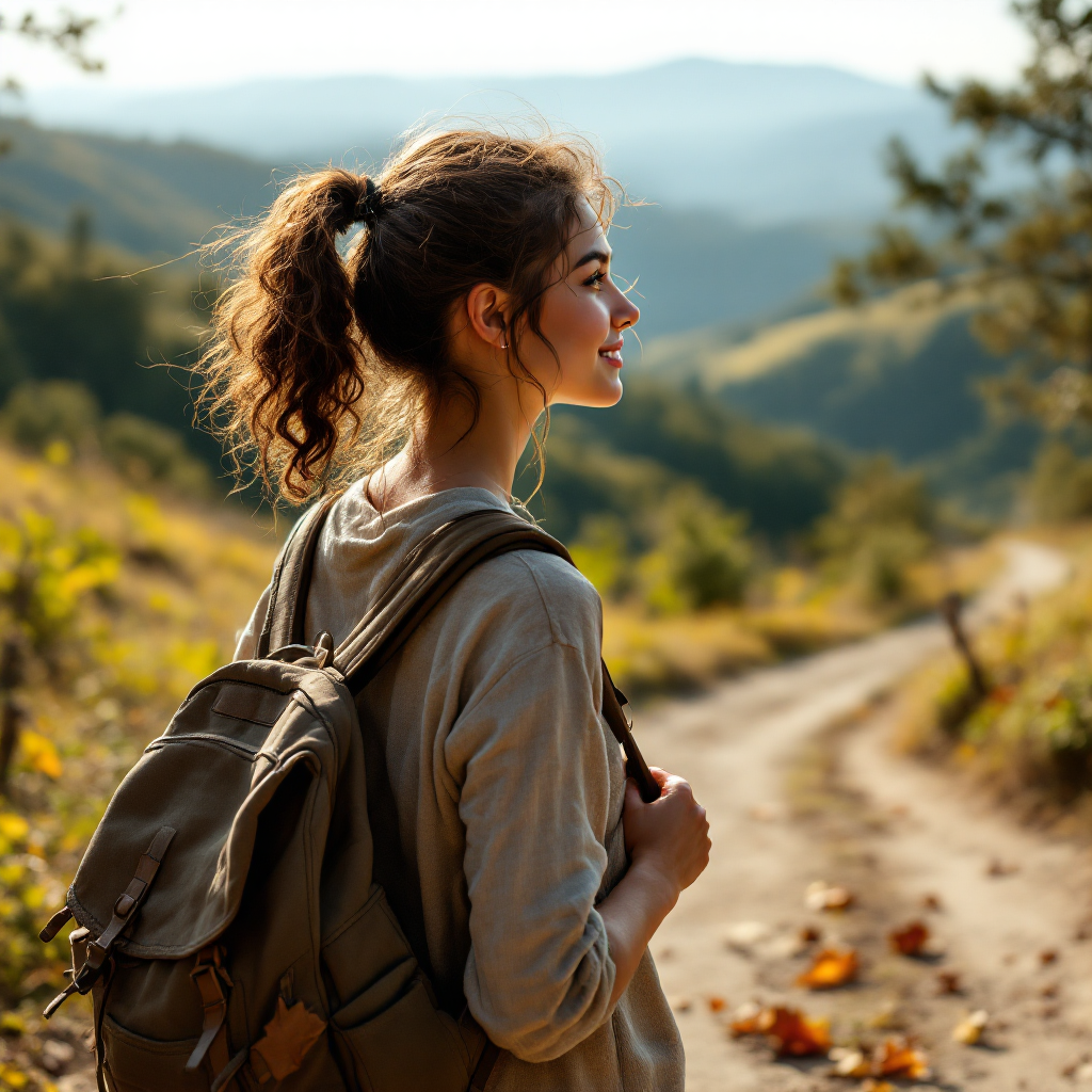 A young woman with a backpack gazes thoughtfully along a winding trail, surrounded by mountains, embodying the spirit of journey and storytelling.