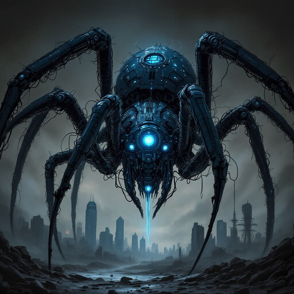 A menacing, mechanical spider looms in a desolate cityscape, its glowing blue core radiating an eerie light, symbolizing the fear that empowers us to confront our inner demons.