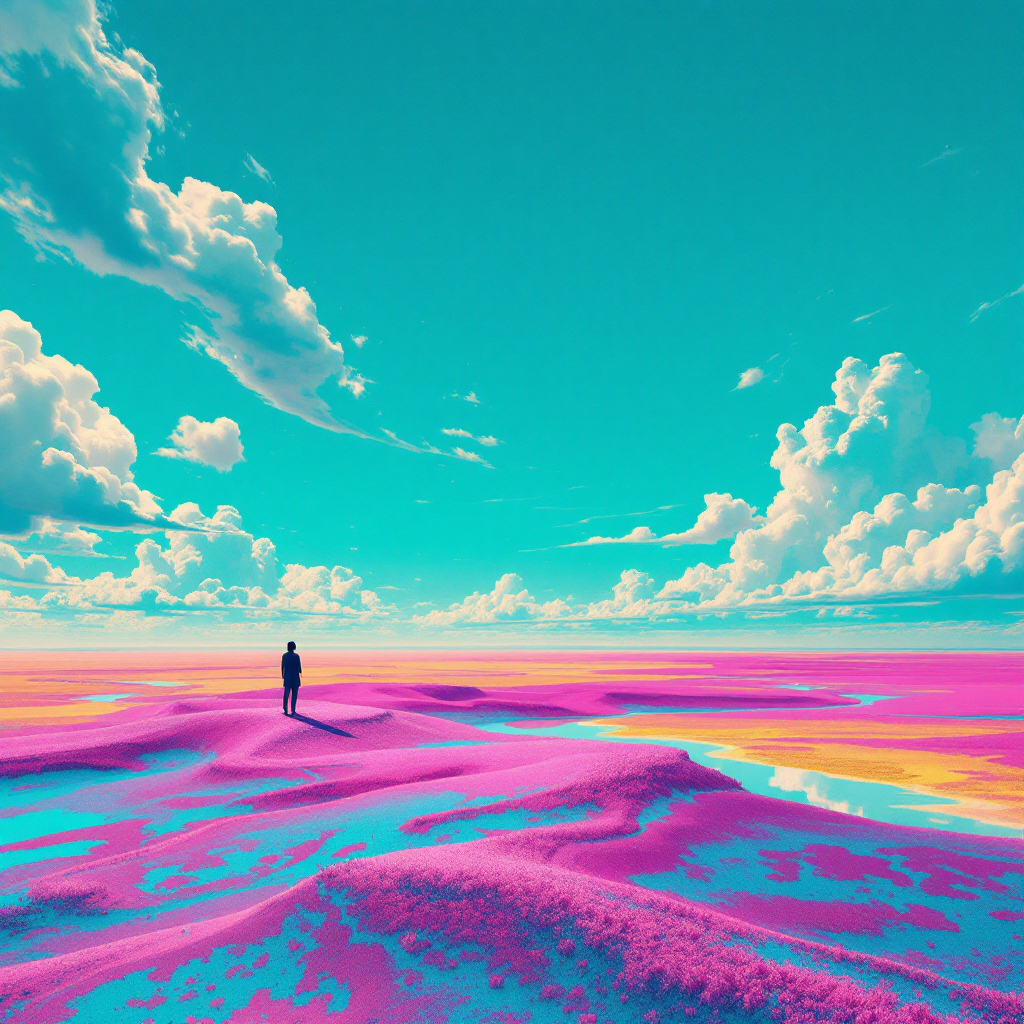 A figure stands on a vibrant landscape of pink and blue hues, under a bright sky scattered with clouds, embodying the idea that perception shapes our experience of the world.