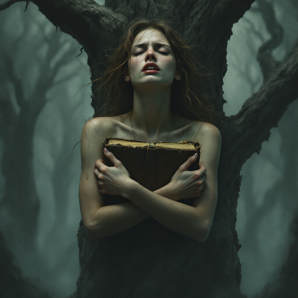 A woman embraces an old book, her expression one of grief and determination, surrounded by twisted trees in a misty forest, symbolizing the need to voice inner pain rather than remain silent.