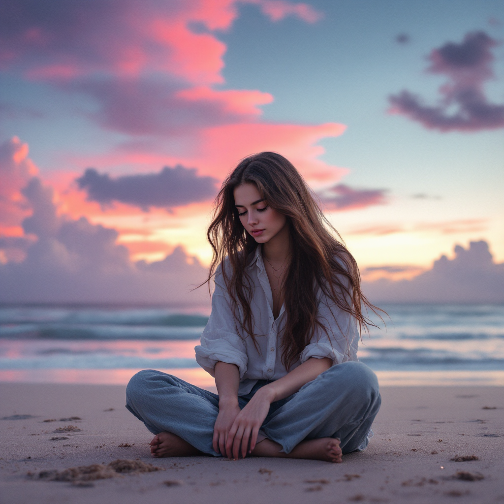 A contemplative young woman sits on the beach at sunset, surrounded by vibrant clouds, embodying the idea that recognizing one's ignorance is a step toward truth.