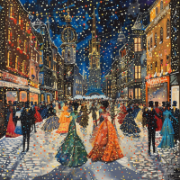Pairs of dancers in masquerade costumes twirl gracefully on a frost-covered cobblestone street beneath a starry night sky, with women in ornate, multicolored gowns and men in simpler attire.