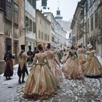Masquerade dancers in ornate, multicolored gowns and Spartan male attire twirl on a frost-laden, cobblestone street lined with historic buildings, extending as far as the eye can see.