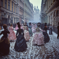 Pairs of Viennese ballroom dancers in masquerade costumes twirl on a frost-laden cobblestone street, women in ornate gowns, men in Spartan attire, against a backdrop of historical buildings.