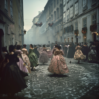 On a frost-laden, cobblestone street, countless pairs of Viennese ballroom dancers twirl. The women wear ornate, multicolored gowns, contrasting with the Spartan masquerade costumes of their male partners.