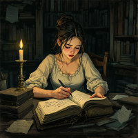 A young woman writes in a large, open book by candlelight, surrounded by stacks of books and scattered notes, embodying the essence of self-improvement through the power of habits.