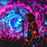 A vibrant performer stands on stage, microphone in hand, against a swirling, colorful backdrop, embodying the quote about life's spectacle and its chaotic elements.